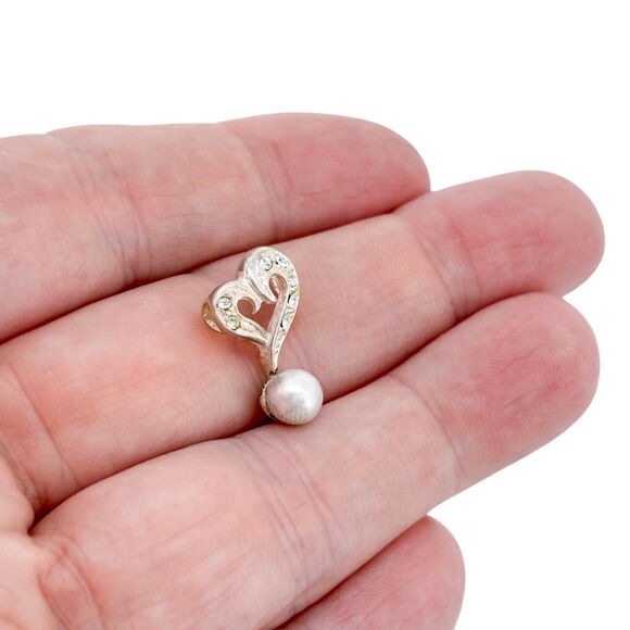 Crystal-Studded with Pearl Accent Heart Pendant | Vintage Sterling Silver 925 - Picture 1 of 6